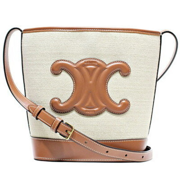 Celine Bucket Cuir Triomphe Shoulder Bag Canvas Calf Leather Tan crossbody - Picture 1 of 4